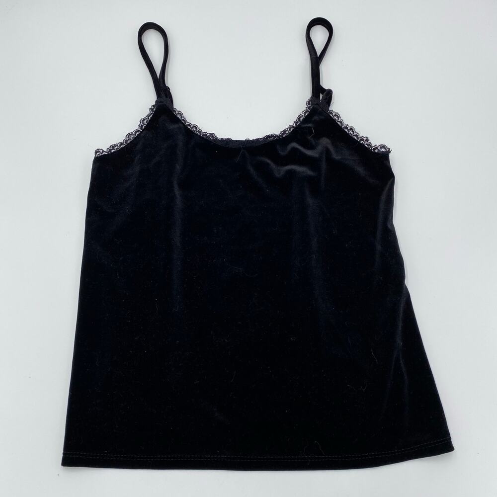 Vtg Y2K 90s Camisole Black Velour Lace Trim Tank Sz S Babydoll Fairy Whimsigoth